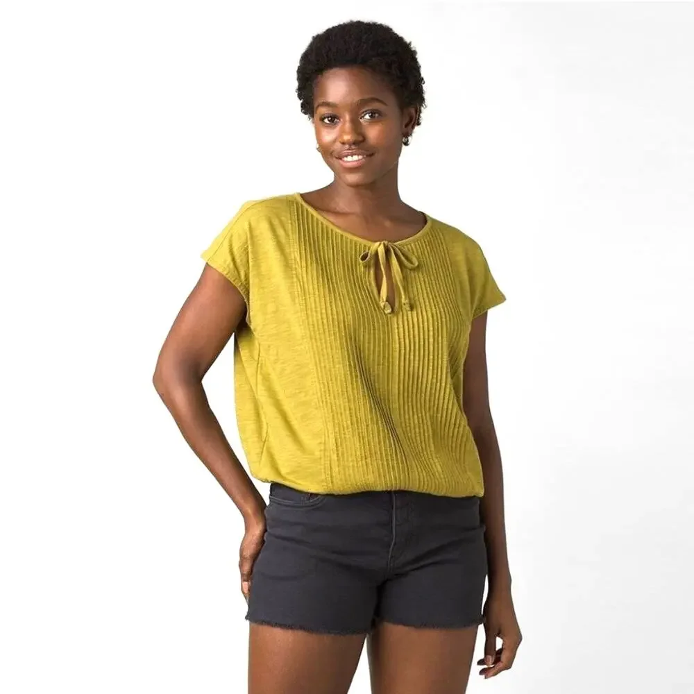 ✨ Prana Olive Green “Ocupas Popover” Boxy Pleated Short Sleeve T-Shirt Sz Medium - Picture 1 of 12
